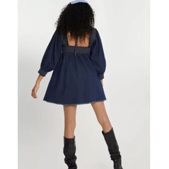 NWT Free People "This is Everything" baby doll Tie smocked Denim Mini Dress XS - Picture 2 of 9